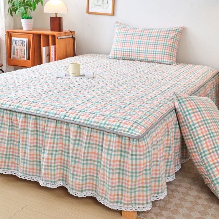 欧妮家纺 2026新款全棉色织水洗棉夹棉床裙 全棉色织水洗棉-冰淇淋