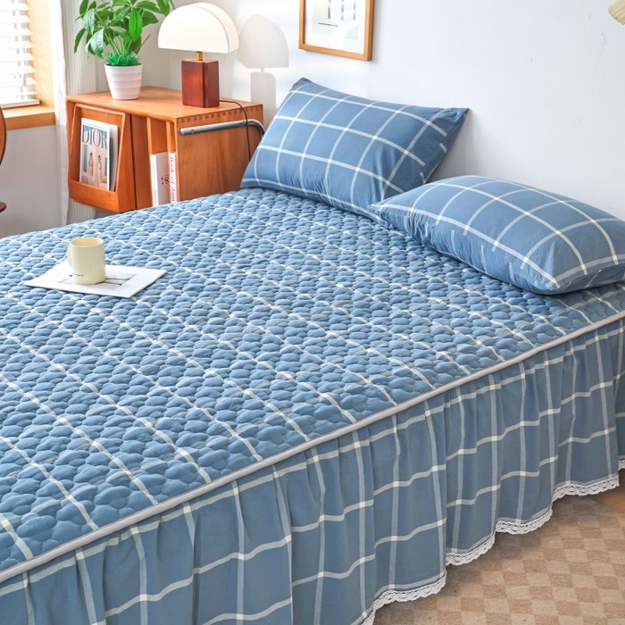 91家纺网 家纺一手货源 找家纺 欧妮家纺 2026新款全棉色织水洗棉夹棉床裙 全棉色织水洗棉-海蓝格