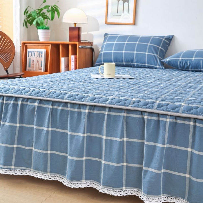 91家纺网 家纺一手货源 找家纺 欧妮家纺 2026新款全棉色织水洗棉夹棉床裙 全棉色织水洗棉-海蓝格