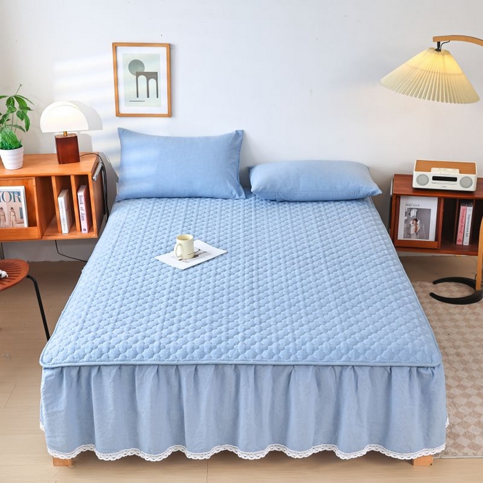 91家纺网 家纺一手货源 找家纺 欧妮家纺 2026新款全棉色织水洗棉夹棉床裙 全棉色织水洗棉-水兰