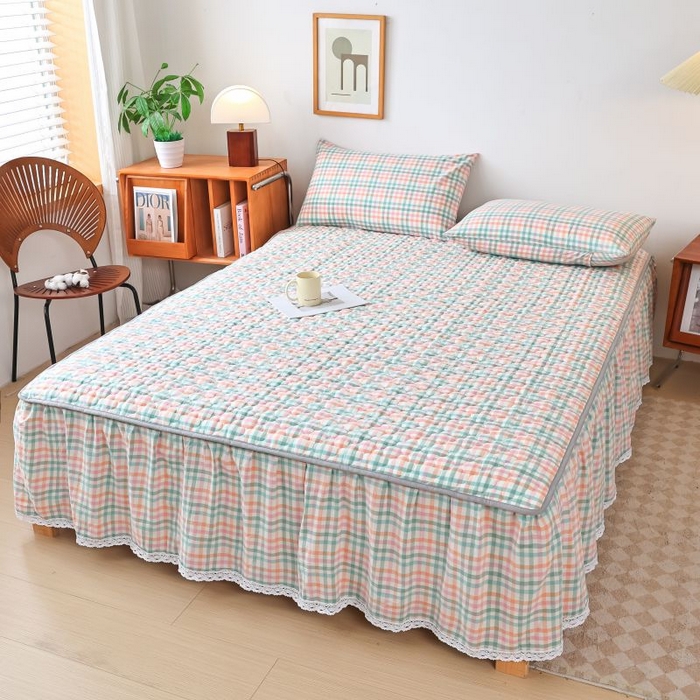 91家纺网 家纺一手货源 找家纺 欧妮家纺 2026新款全棉色织水洗棉夹棉床裙 全棉色织水洗棉-冰淇淋