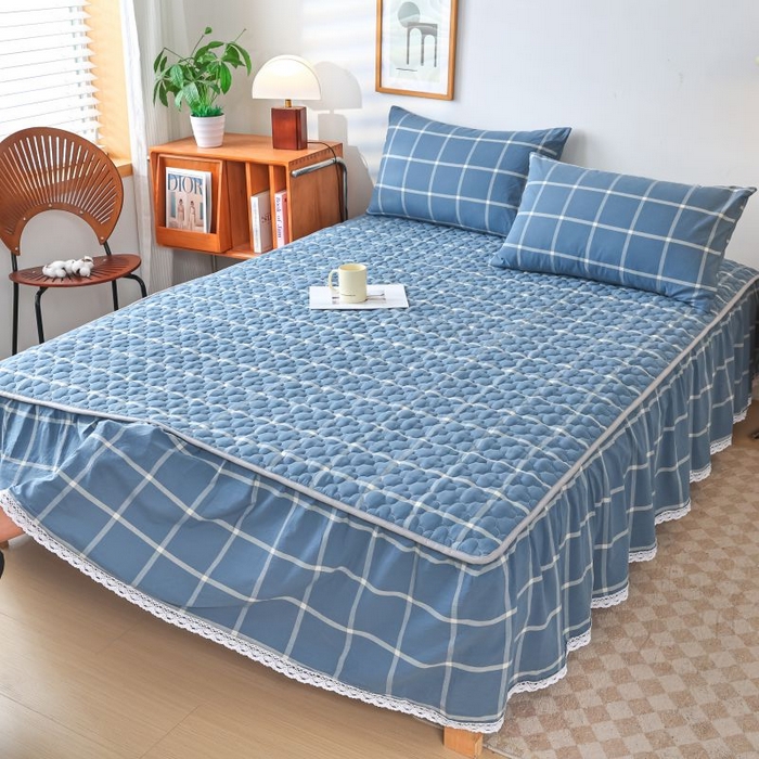 91家纺网 家纺一手货源 找家纺 欧妮家纺 2026新款全棉色织水洗棉夹棉床裙 全棉色织水洗棉-海蓝格