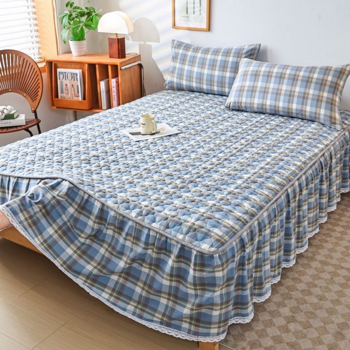 91家纺网 家纺一手货源 找家纺 欧妮家纺 2026新款全棉色织水洗棉夹棉床裙 全棉色织水洗棉-简兮兰格