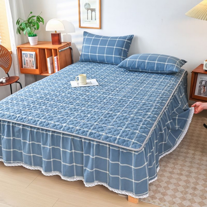 91家纺网 家纺一手货源 找家纺 欧妮家纺 2026新款全棉色织水洗棉夹棉床裙 全棉色织水洗棉-海蓝格