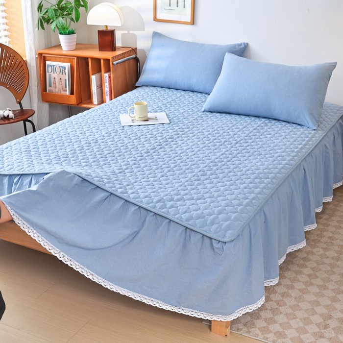 91家纺网 家纺一手货源 找家纺 欧妮家纺 2026新款全棉色织水洗棉夹棉床裙 全棉色织水洗棉-水兰