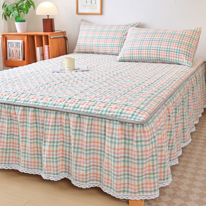 91家纺网 家纺一手货源 找家纺 欧妮家纺 2026新款全棉色织水洗棉夹棉床裙 全棉色织水洗棉-冰淇淋