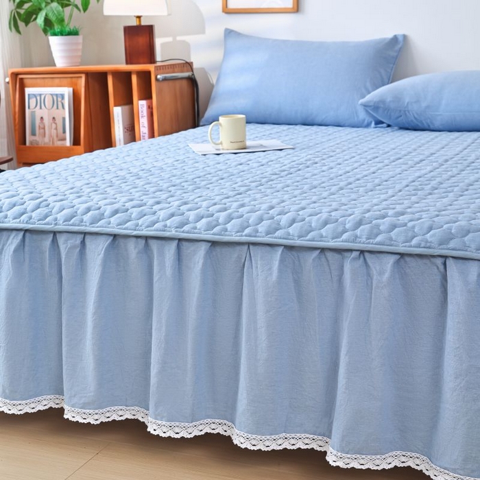 91家纺网 家纺一手货源 找家纺 欧妮家纺 2026新款全棉色织水洗棉夹棉床裙 全棉色织水洗棉-水兰