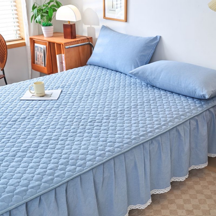 91家纺网 家纺一手货源 找家纺 欧妮家纺 2026新款全棉色织水洗棉夹棉床裙 全棉色织水洗棉-水兰