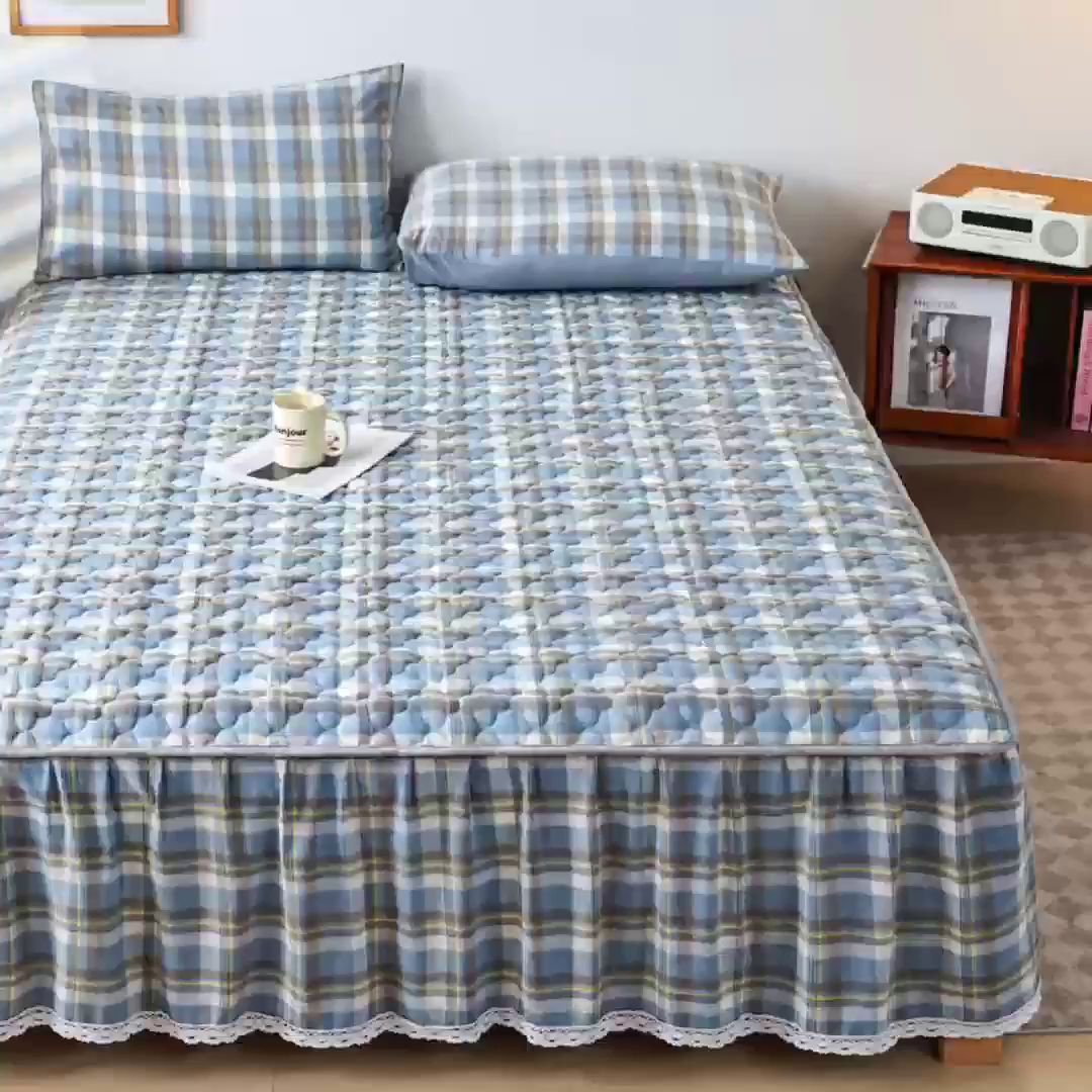 91家纺网 家纺一手货源 找家纺 欧妮家纺 2026新款全棉色织水洗棉夹棉床裙 全棉色织水洗棉-简兮兰格