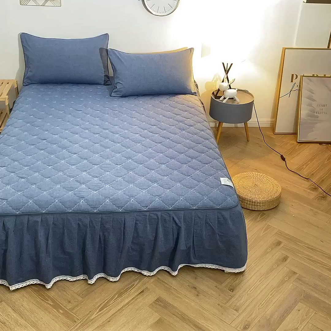 91家纺网 家纺一手货源 找家纺 欧妮家纺 2026新款全棉色织水洗棉夹棉床裙 日式水洗棉夹棉床裙J-牛仔蓝