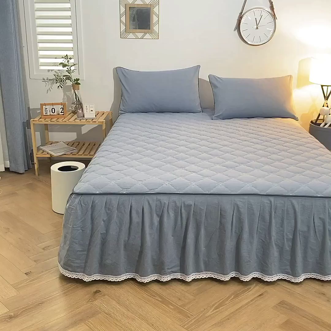 91家纺网 家纺一手货源 找家纺 欧妮家纺 2026新款全棉色织水洗棉夹棉床裙 日式水洗棉夹棉床裙J-浅蓝