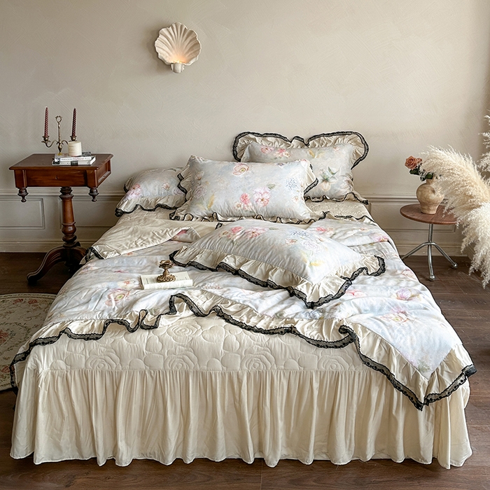 91家纺网 家纺一手货源 找家纺 网红馆（ck家纺） 2026春夏新款复古印花巴黎纱床盖夏凉被空调被夏被四件套 绚丽梦境 卡其