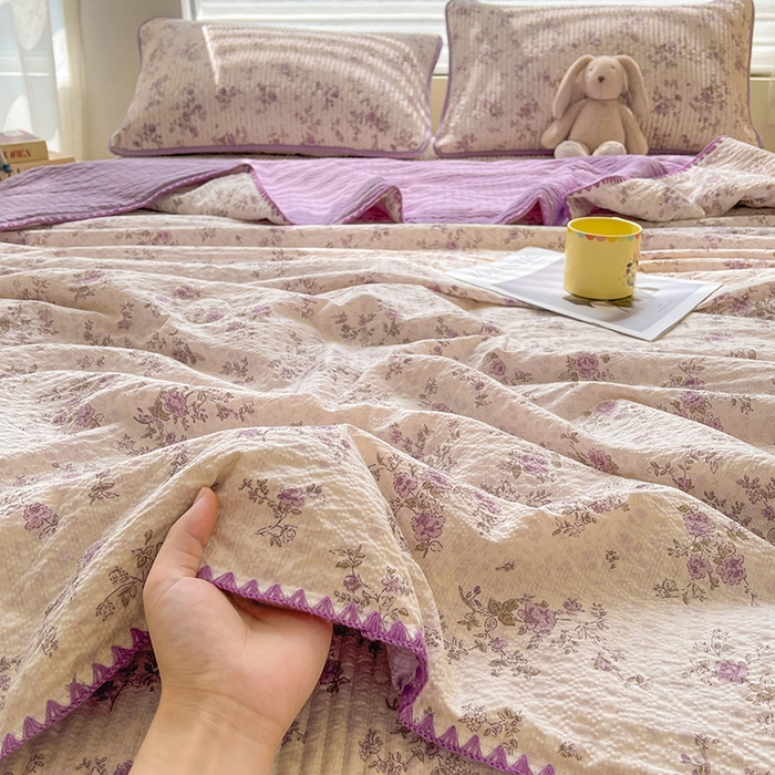 91家纺网 家纺一手货源 找家纺 （总）梵朴 2026新款A类泡芙双层纱贝壳边床盖夏被四件套三角针夏凉被空调被