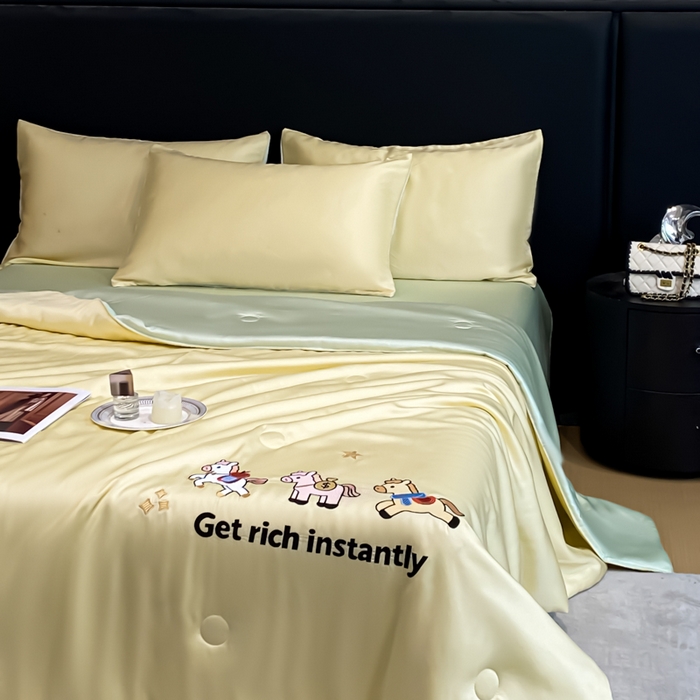91家纺网 家纺一手货源 找家纺 利欧 2026新款水洗天丝刺绣夏被四件套-马上有钱 马上有钱-柠檬黄绿