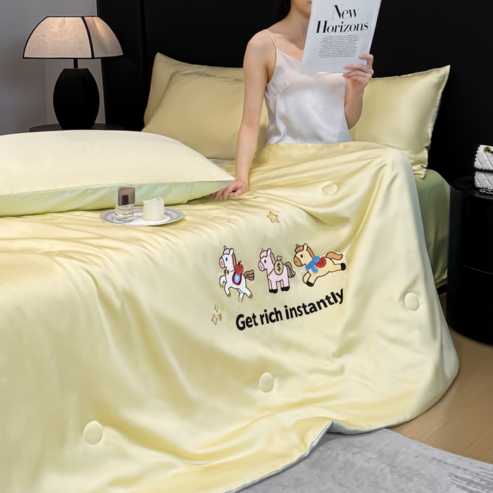 91家纺网 家纺一手货源 找家纺 利欧 2026新款水洗天丝刺绣夏被四件套-马上有钱 马上有钱-柠檬黄绿