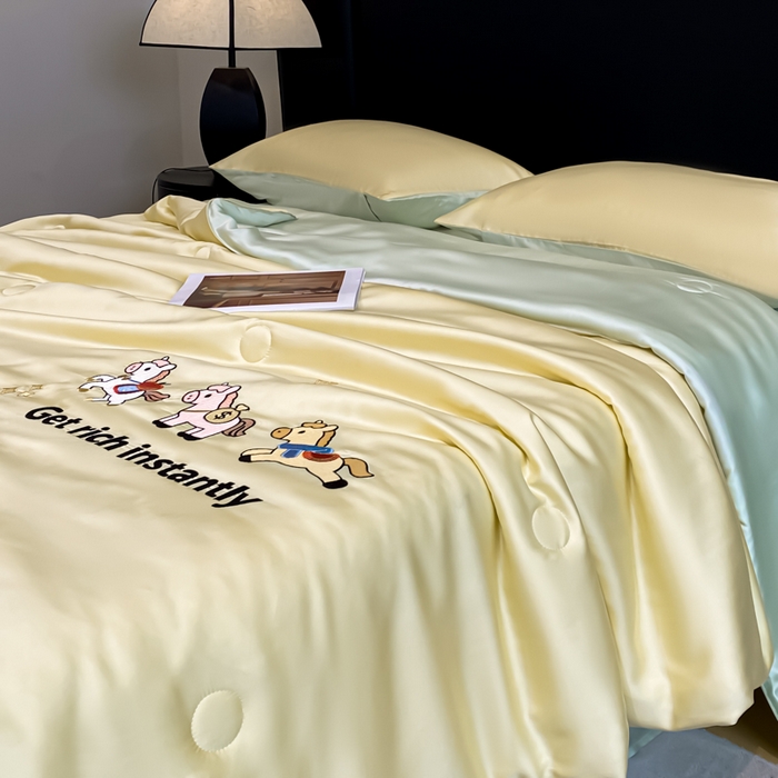 91家纺网 家纺一手货源 找家纺 利欧 2026新款水洗天丝刺绣夏被四件套-马上有钱 马上有钱-柠檬黄绿