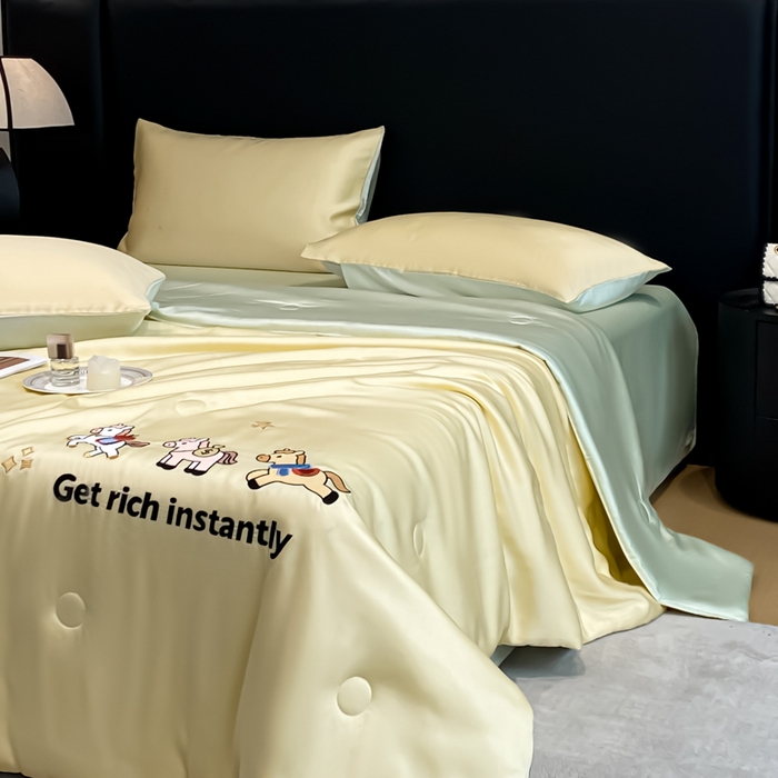 91家纺网 家纺一手货源 找家纺 利欧 2026新款水洗天丝刺绣夏被四件套-马上有钱 马上有钱-柠檬黄绿