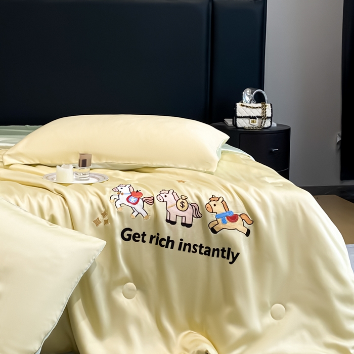 91家纺网 家纺一手货源 找家纺 利欧 2026新款水洗天丝刺绣夏被四件套-马上有钱 马上有钱-柠檬黄绿