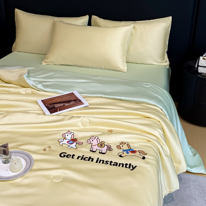 91家纺网 家纺一手货源 找家纺 利欧 2026新款水洗天丝刺绣夏被四件套-马上有钱 马上有钱-柠檬黄绿