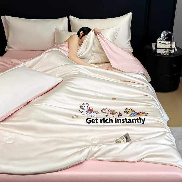 91家纺网 家纺一手货源 找家纺 利欧 2026新款水洗天丝刺绣夏被四件套-马上有钱 马上有钱-白粉