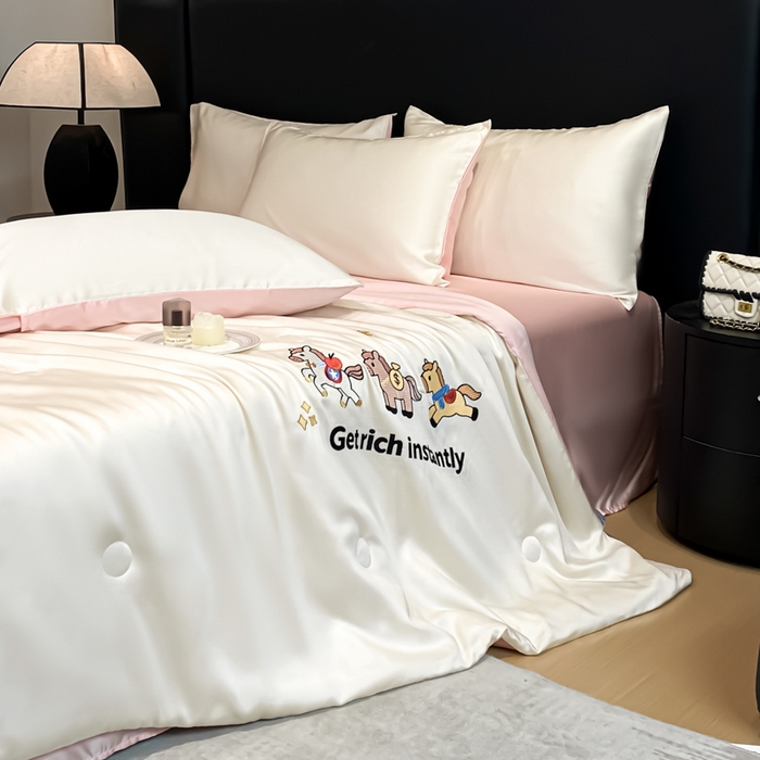 91家纺网 家纺一手货源 找家纺 利欧 2026新款水洗天丝刺绣夏被四件套-马上有钱 马上有钱-白粉