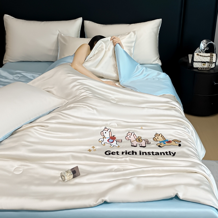 91家纺网 家纺一手货源 找家纺 利欧 2026新款水洗天丝刺绣夏被四件套-马上有钱 马上有钱-白蓝