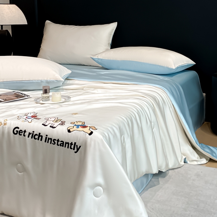 91家纺网 家纺一手货源 找家纺 利欧 2026新款水洗天丝刺绣夏被四件套-马上有钱 马上有钱-白蓝