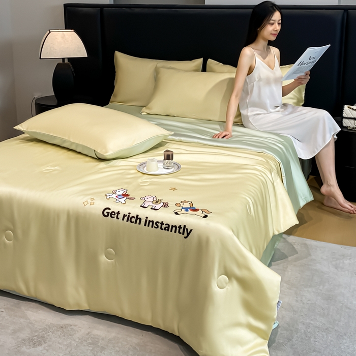 91家纺网 家纺一手货源 找家纺 利欧 2026新款水洗天丝刺绣夏被四件套-马上有钱 马上有钱-柠檬黄绿
