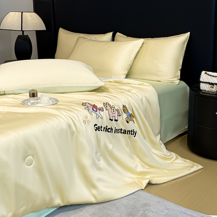91家纺网 家纺一手货源 找家纺 利欧 2026新款水洗天丝刺绣夏被四件套-马上有钱 马上有钱-柠檬黄绿