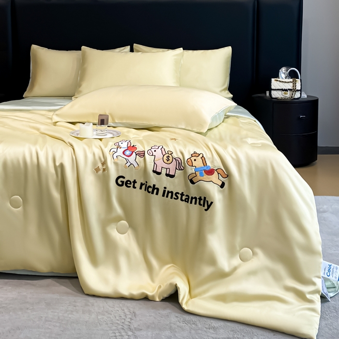 91家纺网 家纺一手货源 找家纺 利欧 2026新款水洗天丝刺绣夏被四件套-马上有钱 马上有钱-柠檬黄绿