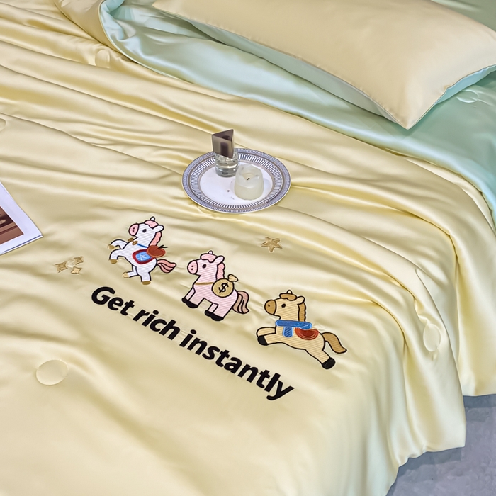 91家纺网 家纺一手货源 找家纺 利欧 2026新款水洗天丝刺绣夏被四件套-马上有钱 马上有钱-柠檬黄绿