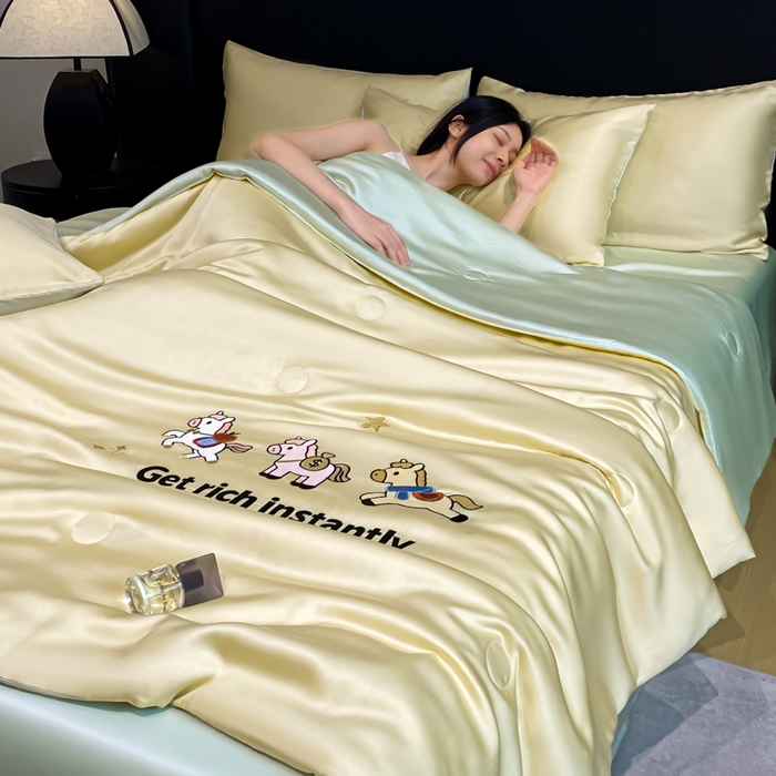 91家纺网 家纺一手货源 找家纺 利欧 2026新款水洗天丝刺绣夏被四件套-马上有钱 马上有钱-柠檬黄绿