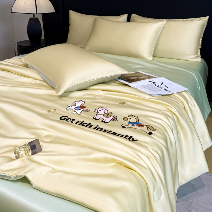 91家纺网 家纺一手货源 找家纺 利欧 2026新款水洗天丝刺绣夏被四件套-马上有钱 马上有钱-柠檬黄绿