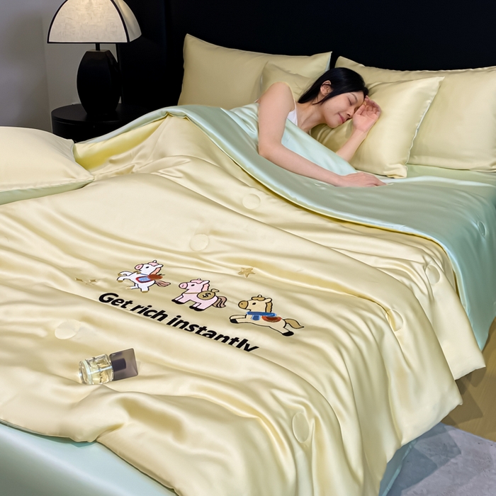 91家纺网 家纺一手货源 找家纺 利欧 2026新款水洗天丝刺绣夏被四件套-马上有钱 马上有钱-柠檬黄绿