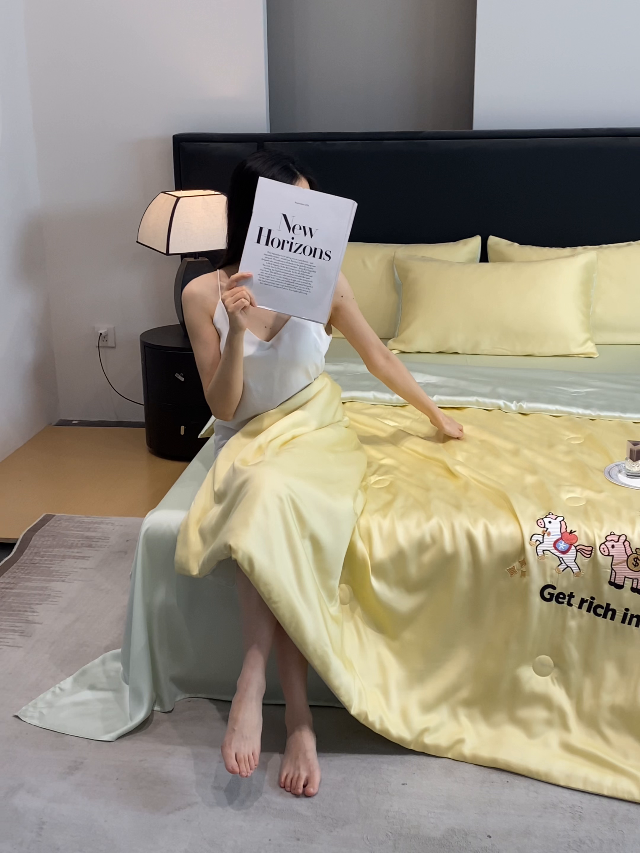 91家纺网 家纺一手货源 找家纺 利欧 2026新款水洗天丝刺绣夏被四件套-马上有钱 马上有钱-柠檬黄绿