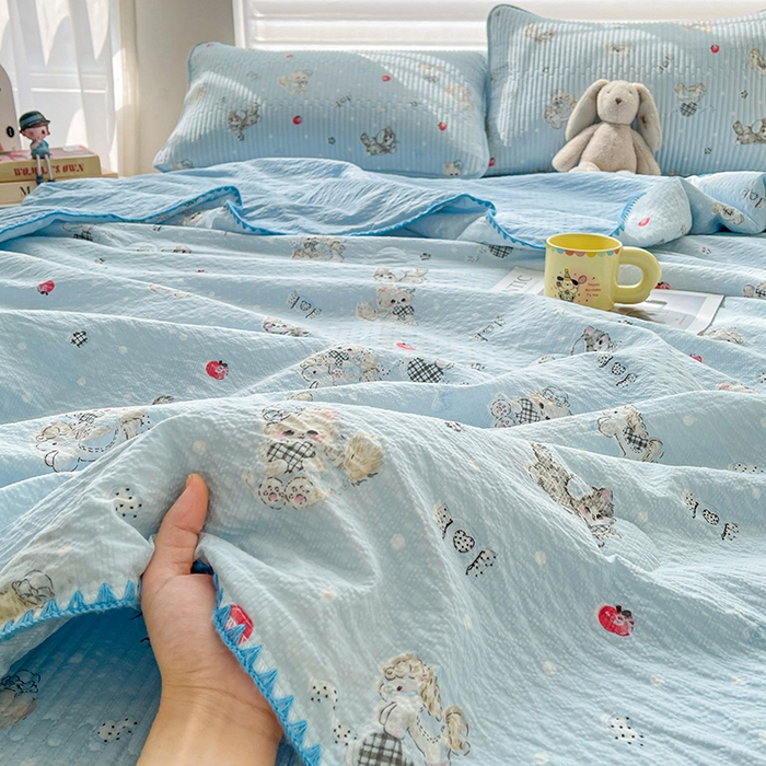 91家纺网 家纺一手货源 找家纺 （总）梵朴 2026新款A类泡芙双层纱贝壳边床盖夏被四件套三角针夏凉被空调被