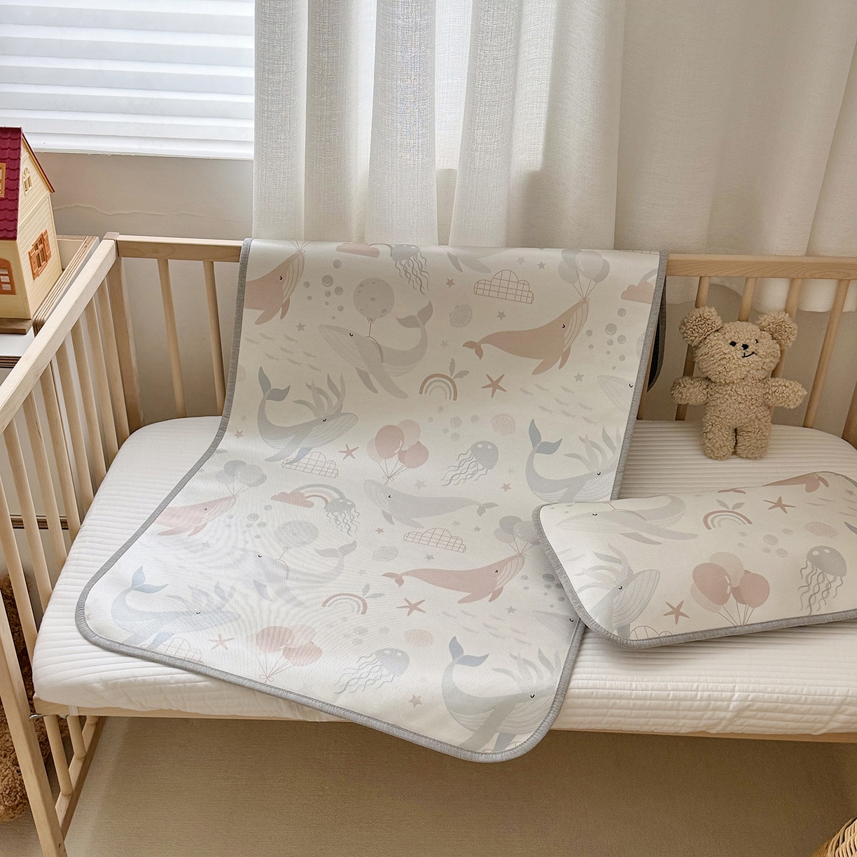 JUICY 橘滋家纺 2026新款A类北欧简约数码印花婴童冰丝席凉席 鲸尾摇凉