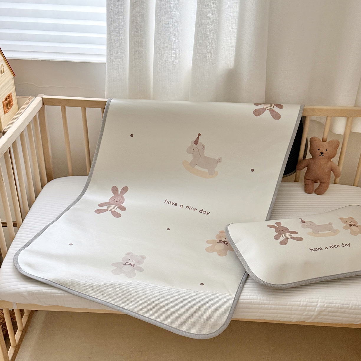 JUICY 橘滋家纺 2026新款A类北欧简约数码印花婴童冰丝席凉席 木马小熊