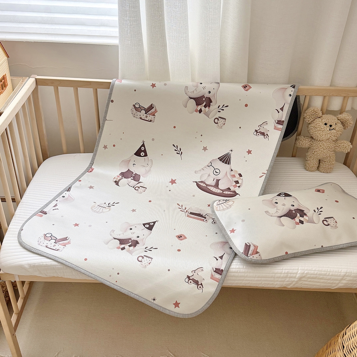 JUICY 橘滋家纺 2026新款A类北欧简约数码印花婴童冰丝席凉席 蓬蓬象乐园