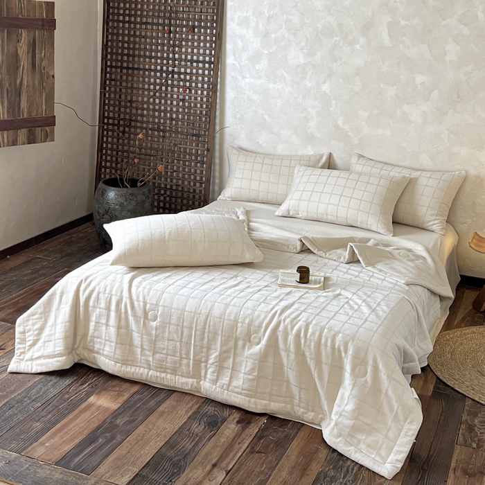 91家纺网 家纺一手货源 找家纺 乐家毛巾被（工厂自产自销） 2026新款棉花胚胎填充大提花棉麻夏被夏凉被空调被 棉麻-格纹