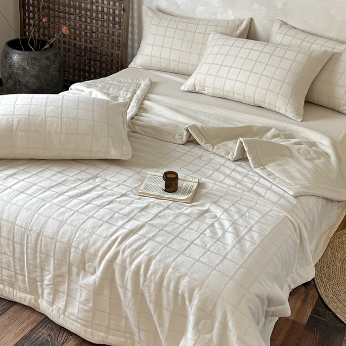 91家纺网 家纺一手货源 找家纺 乐家毛巾被（工厂自产自销） 2026新款棉花胚胎填充大提花棉麻夏被夏凉被空调被 棉麻-格纹