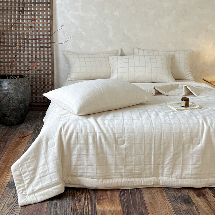 91家纺网 家纺一手货源 找家纺 乐家毛巾被（工厂自产自销） 2026新款棉花胚胎填充大提花棉麻夏被夏凉被空调被 棉麻-格纹