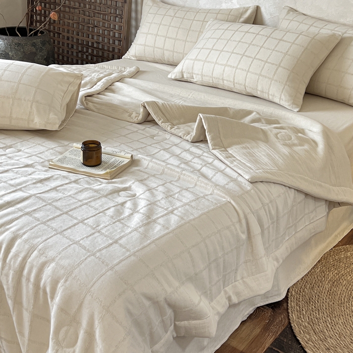 91家纺网 家纺一手货源 找家纺 乐家毛巾被（工厂自产自销） 2026新款棉花胚胎填充大提花棉麻夏被夏凉被空调被 棉麻-格纹