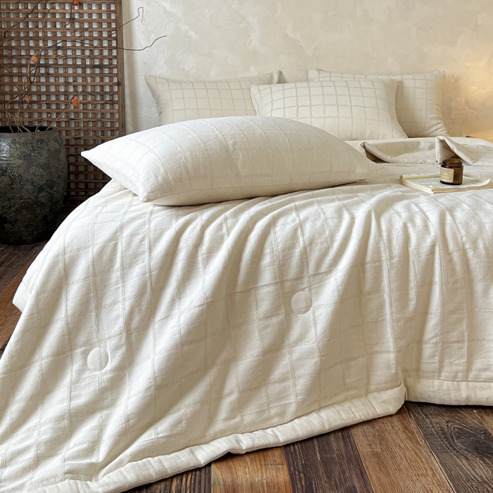 91家纺网 家纺一手货源 找家纺 乐家毛巾被（工厂自产自销） 2026新款棉花胚胎填充大提花棉麻夏被夏凉被空调被 棉麻-格纹