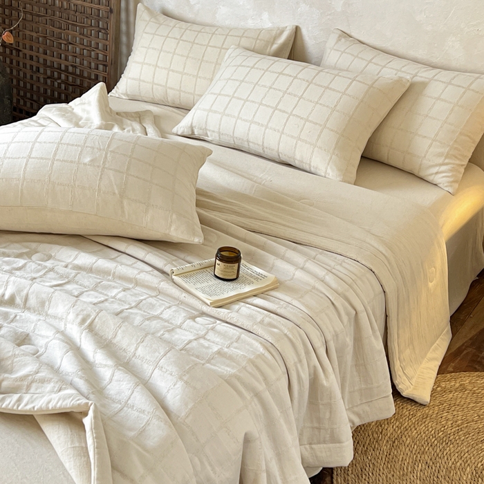 91家纺网 家纺一手货源 找家纺 乐家毛巾被（工厂自产自销） 2026新款棉花胚胎填充大提花棉麻夏被夏凉被空调被 棉麻-格纹