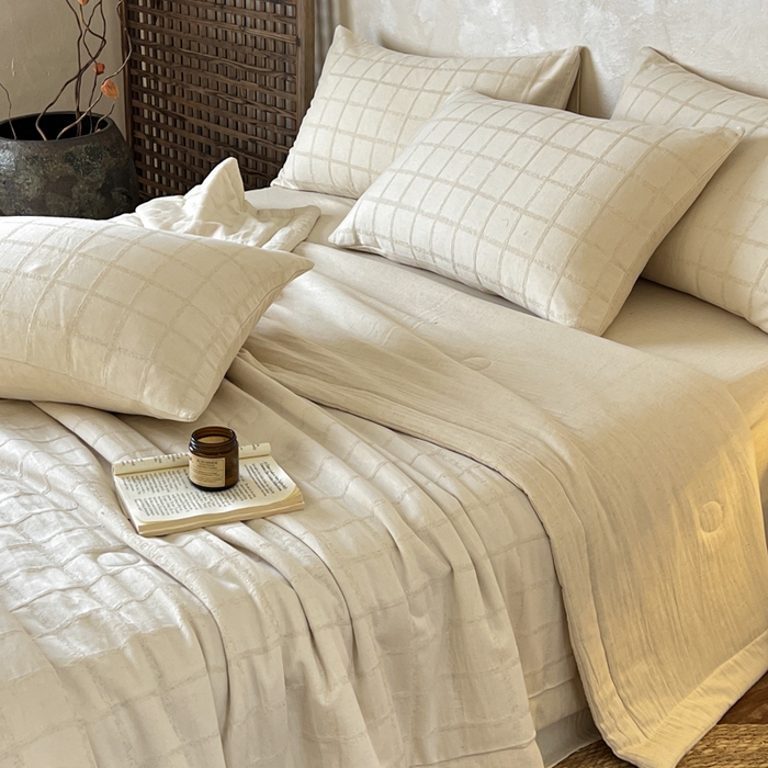 91家纺网 家纺一手货源 找家纺 乐家毛巾被（工厂自产自销） 2026新款棉花胚胎填充大提花棉麻夏被夏凉被空调被 棉麻-格纹