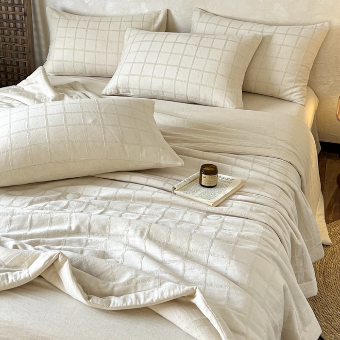 91家纺网 家纺一手货源 找家纺 乐家毛巾被（工厂自产自销） 2026新款棉花胚胎填充大提花棉麻夏被夏凉被空调被 棉麻-格纹