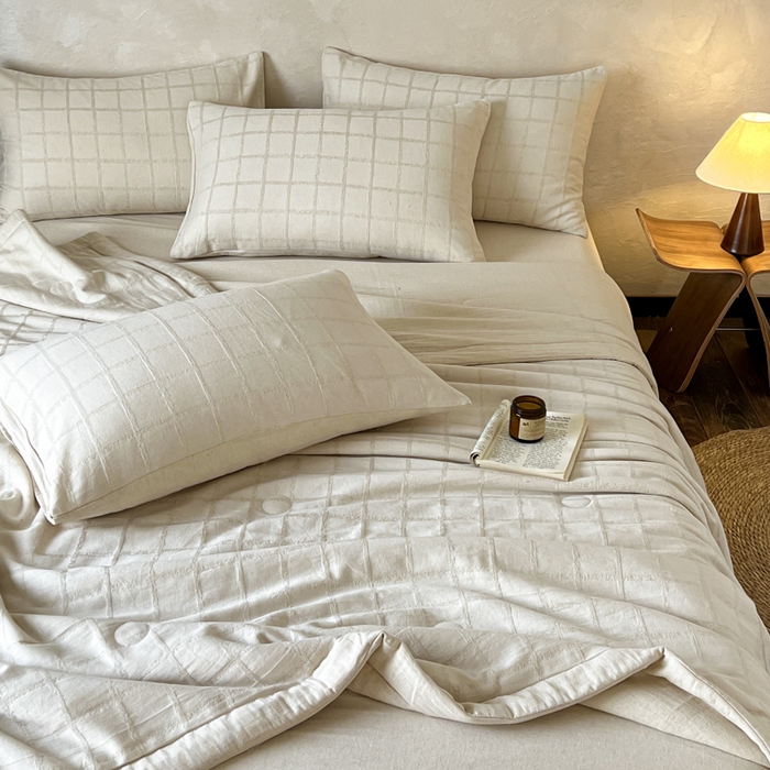 91家纺网 家纺一手货源 找家纺 乐家毛巾被（工厂自产自销） 2026新款棉花胚胎填充大提花棉麻夏被夏凉被空调被 棉麻-格纹