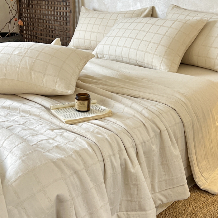 91家纺网 家纺一手货源 找家纺 乐家毛巾被（工厂自产自销） 2026新款棉花胚胎填充大提花棉麻夏被夏凉被空调被 棉麻-格纹