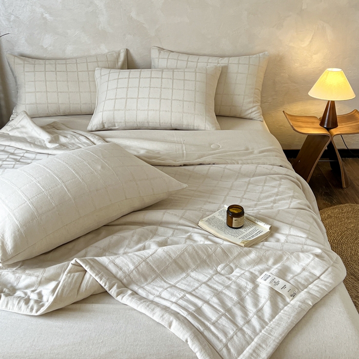 91家纺网 家纺一手货源 找家纺 乐家毛巾被（工厂自产自销） 2026新款棉花胚胎填充大提花棉麻夏被夏凉被空调被 棉麻-格纹